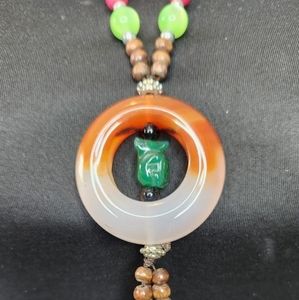 Natural Stone Beaded Necklace Center Carved Stone